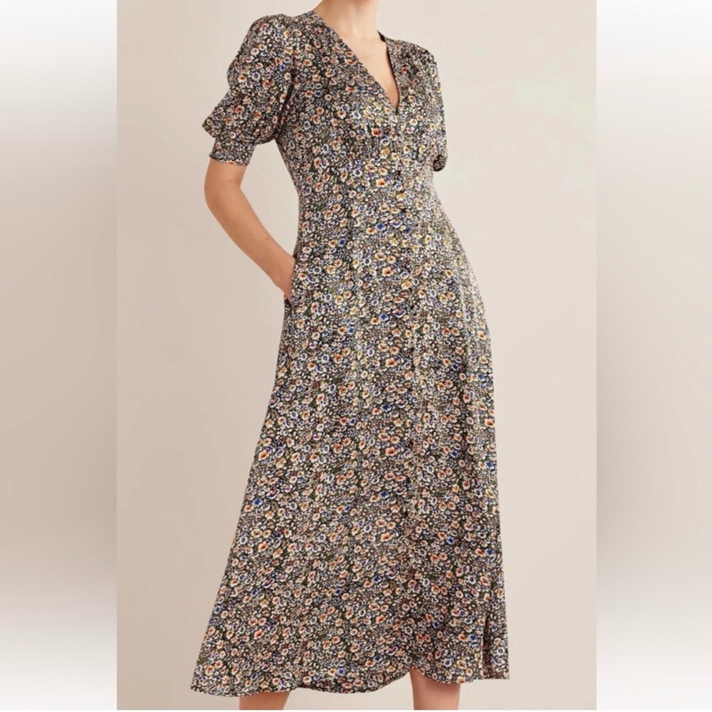 Boden NOWT Floral Midi Dress Size 8P- Black, White, Orange, Blue